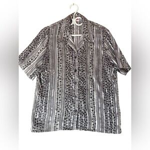 Alia Women’s Button Down Blouse Black Silver Gold Animal Print Striped Size 14